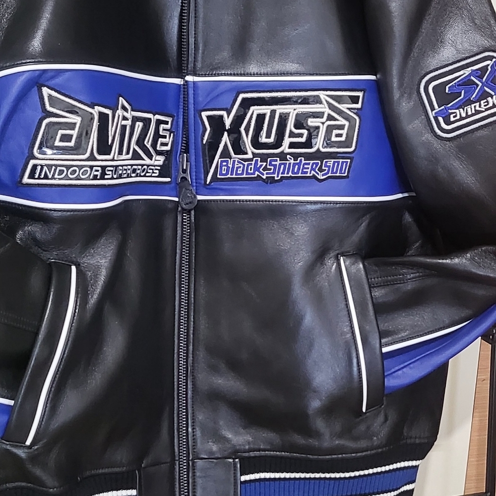 Avirex Black and Blue Leather Bomber Jacket with Embroidered Logos